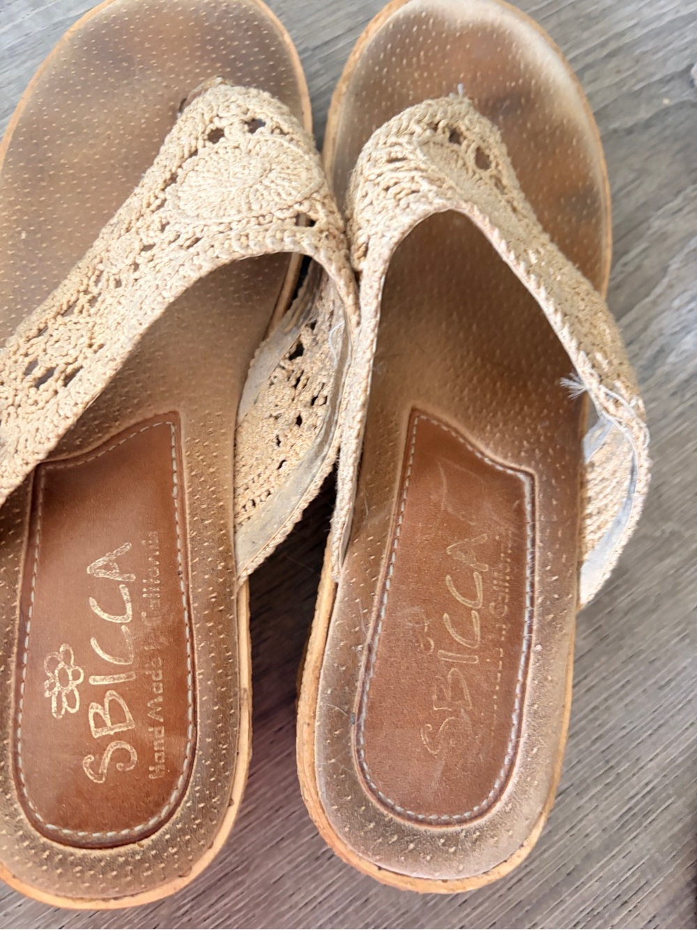 Sbicca Crochet Thong Sandals in Tan Beige